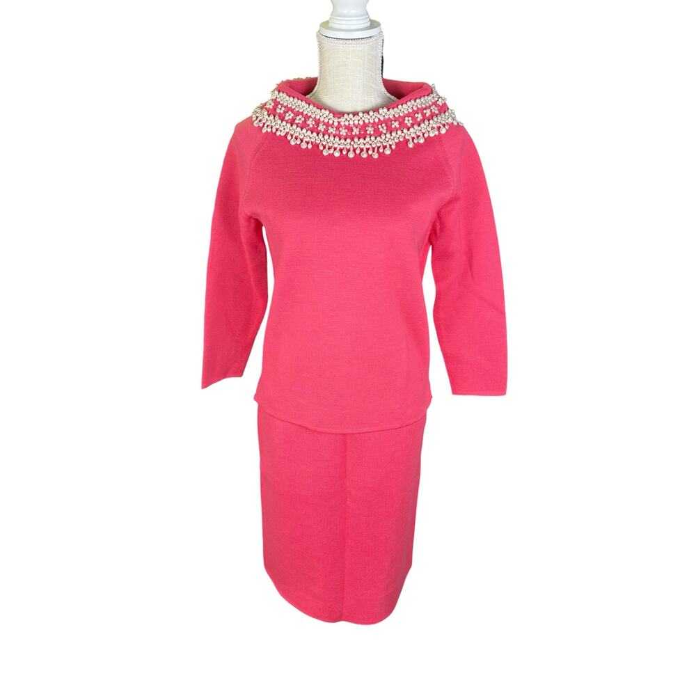 Vintage 1960s Diane Imports Skirt Set Wool Women's 12 Pink Pearls Two Piece